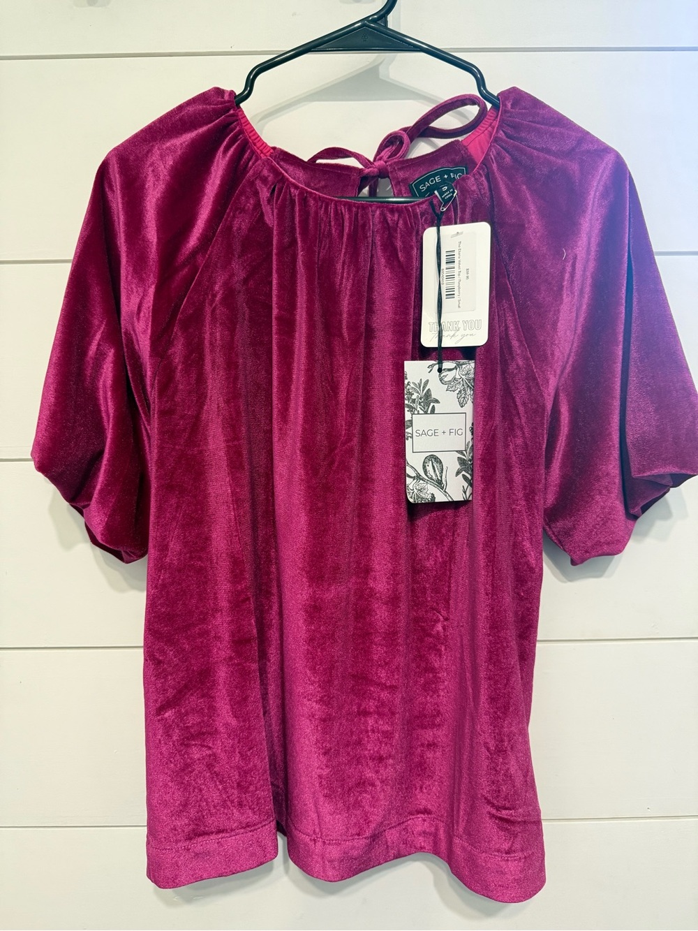 Sage + Fig Raspberry Velvet Blouse Tie Neck Short Sleeve Solid Women Size S